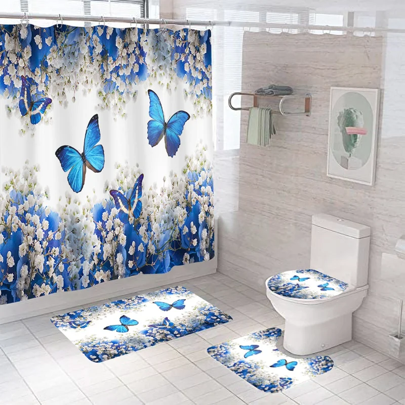 

Butterfly Bathroom Shower Curtain And Rug Sets Beautiful Flower Pattern Pedestal Rug Lid Toilet Cover Mat Bath Curtains