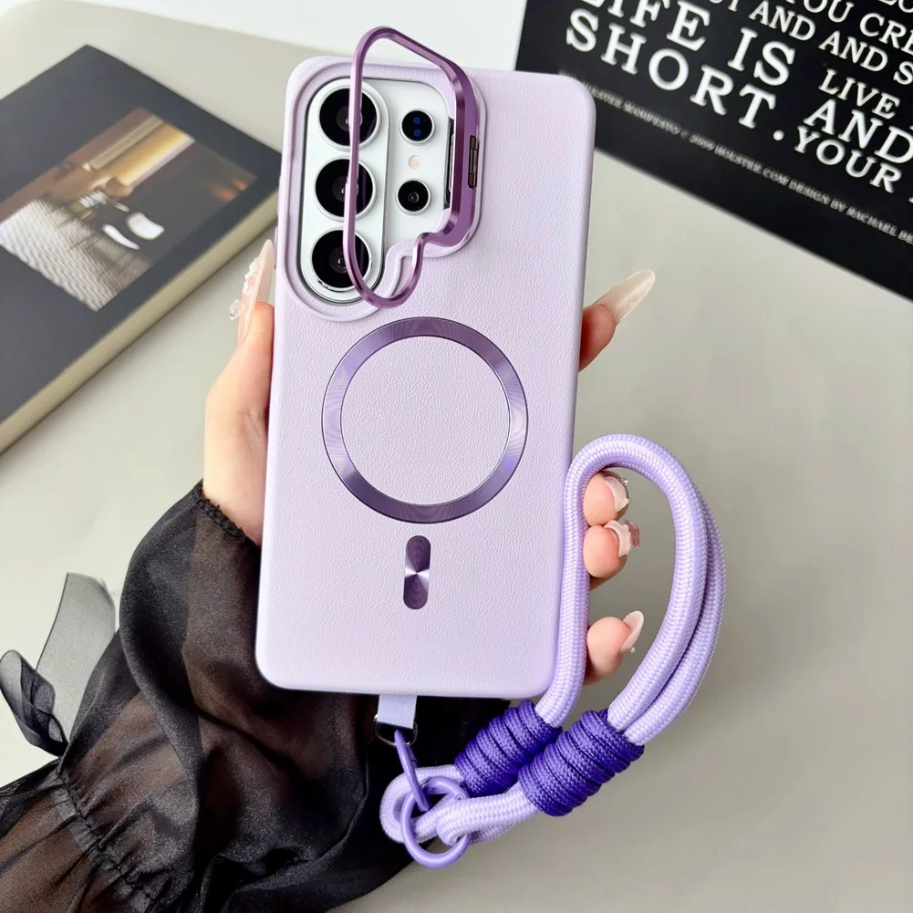 Leather Textured Wrist Strap Case with Metal Lens Bracket and Magnetic Ring Cover