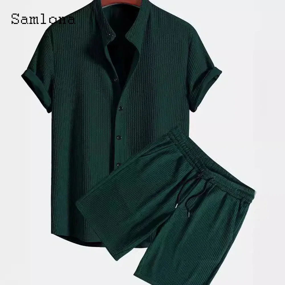 Mens Casual Knitted Two Piece Sets 2024 America and Europe Notched Blouse and Light Blue Shorts Suit Male Beach Tracksuits Set 4