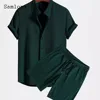 Mens Casual Knitted Two Piece Sets 2024 America and Europe Notched Blouse and Light Blue Shorts Suit Male Beach Tracksuits Set 4