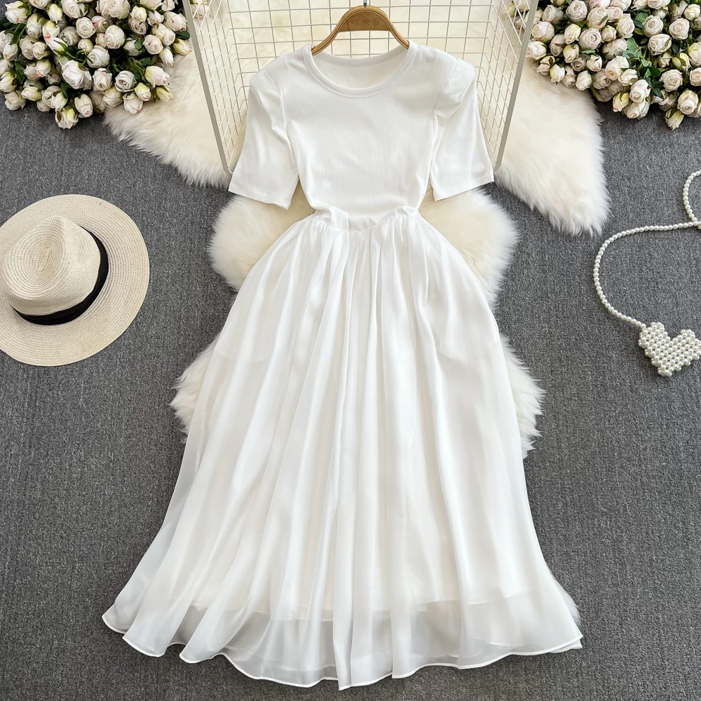 Summer Vintage French Women Chic Female Ladies Vestido Fashion A Line Elegant Casual Party O Neck Ruched Basics Solid Girl Dress