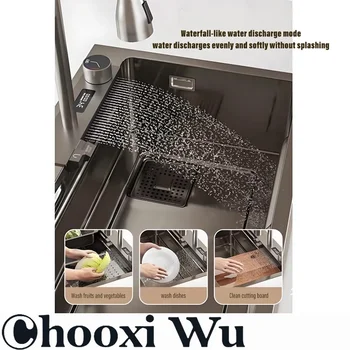CHOOXIWU-อ่างล้างจานชามสแตนเลสเดี่ยวขนาดใหญ่พร้อมก๊อกน้ำ-จอแสดงผลดิจิตอลน้ำตกฝนตกระบบ5ฟังก์ชั่นอ่างล้างจาน 2