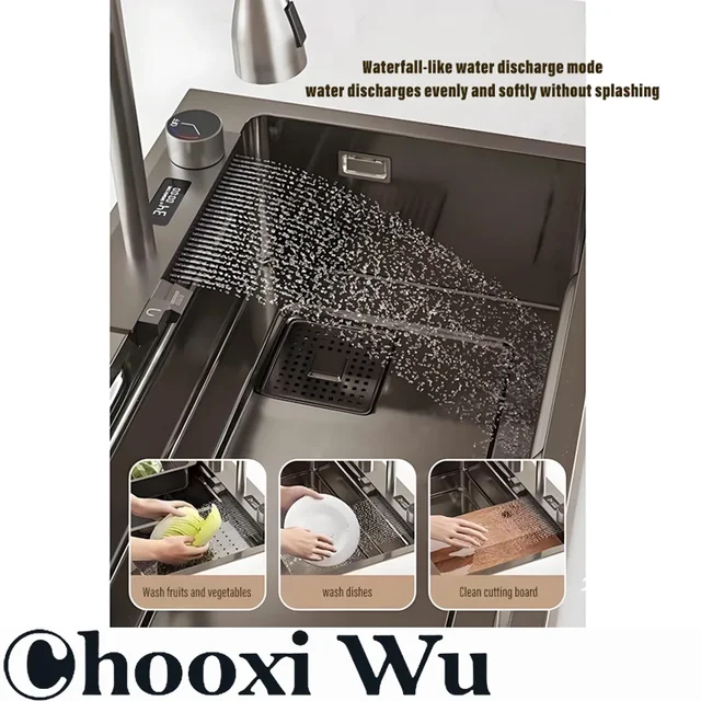 CHOOXIWU-อ่างล้างจานชามสแตนเลสเดี่ยวขนาดใหญ่พร้อมก๊อกน้ำ-จอแสดงผลดิจิตอลน้ำตกฝนตกระบบ5ฟังก์ชั่นอ่างล้างจาน 2