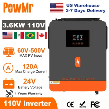 PowMr 3.6KW Hybrid Solar Inverter 24V 110V Off Grid Pure Sine Wave Inverter Single Phase with MPPT 120A Solar Battery Charger