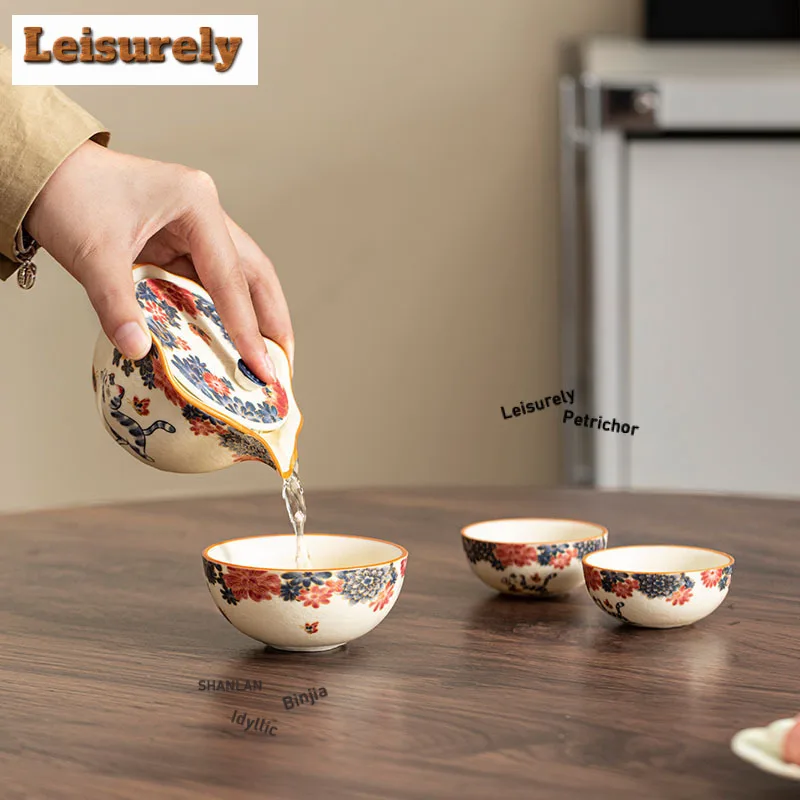 Mineral Rocks White Little Cat Travel Tea Set Kit Traditional 1 Pot 3 Cups Tea Making Organizer Portable Picnic Handbag Craft