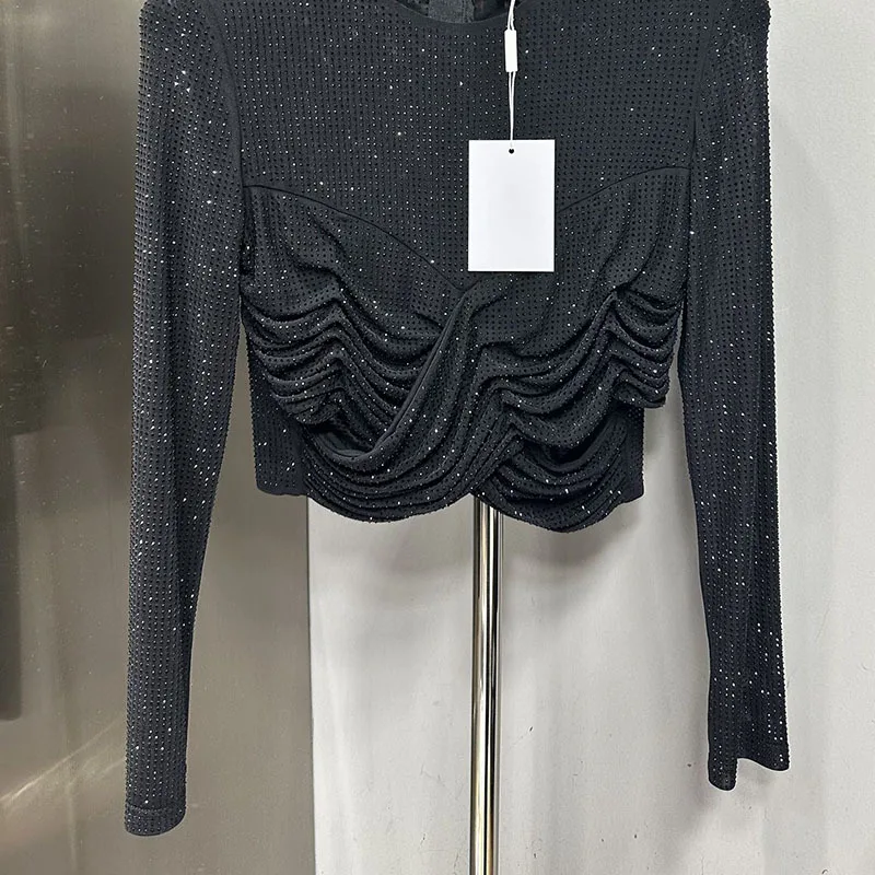 

Spring Summer New Slimming Hot Diamond Tops For Women Round Neck Pleated Wrinkled Design Long Sleeve Pullover Runway Y2K Clothes