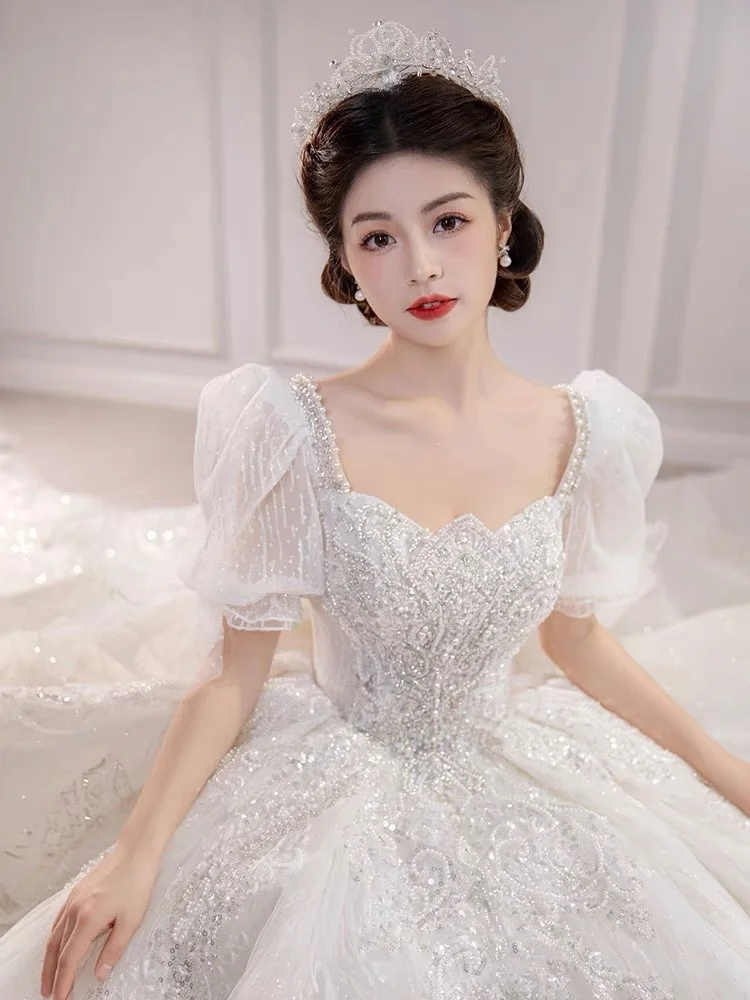 Luxury Wedding Dresses Shiny Big Beading Ball Gown With Long Train Bridal Dress Custom Made  Size Vestido De Noiva Customized 2