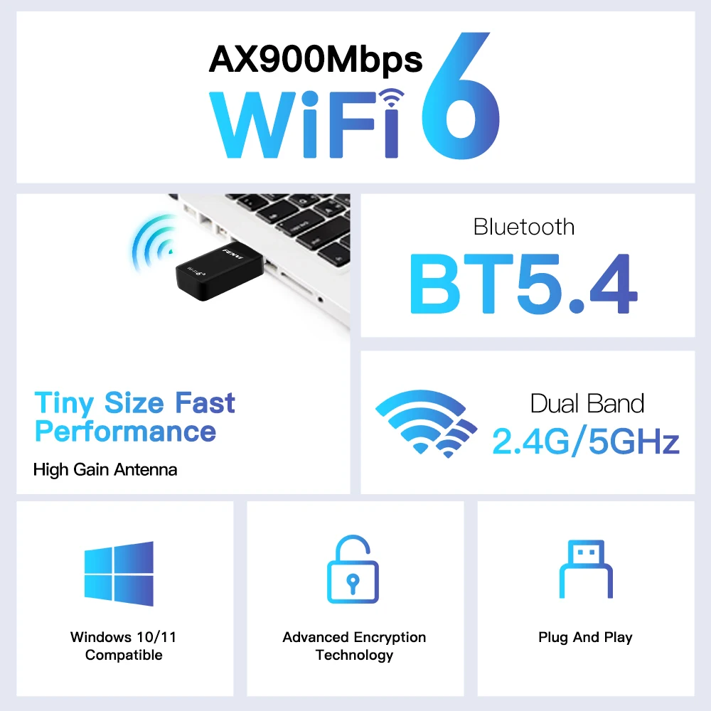 Fenvi WiFi 6 AX900 USB Bluetooth 5.4 Adapter 2 in 1 Dongle Dual Band 2.4G 5G USB WiFi Network Card Wireless Receiver Driver Free wifi network card