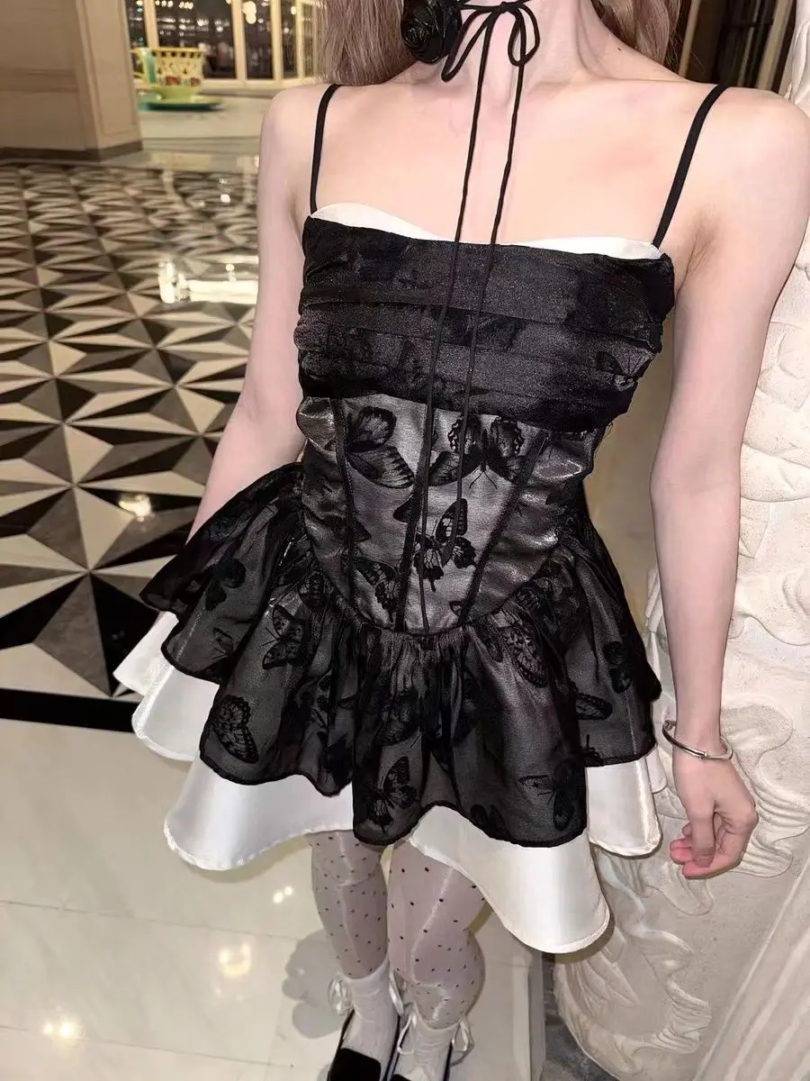 Y2K Spaghetti Strap Lace Patchwork Ruffles A-line Short Dresses for Women Summer Party Dress Korean Fashion One Piece Vestido