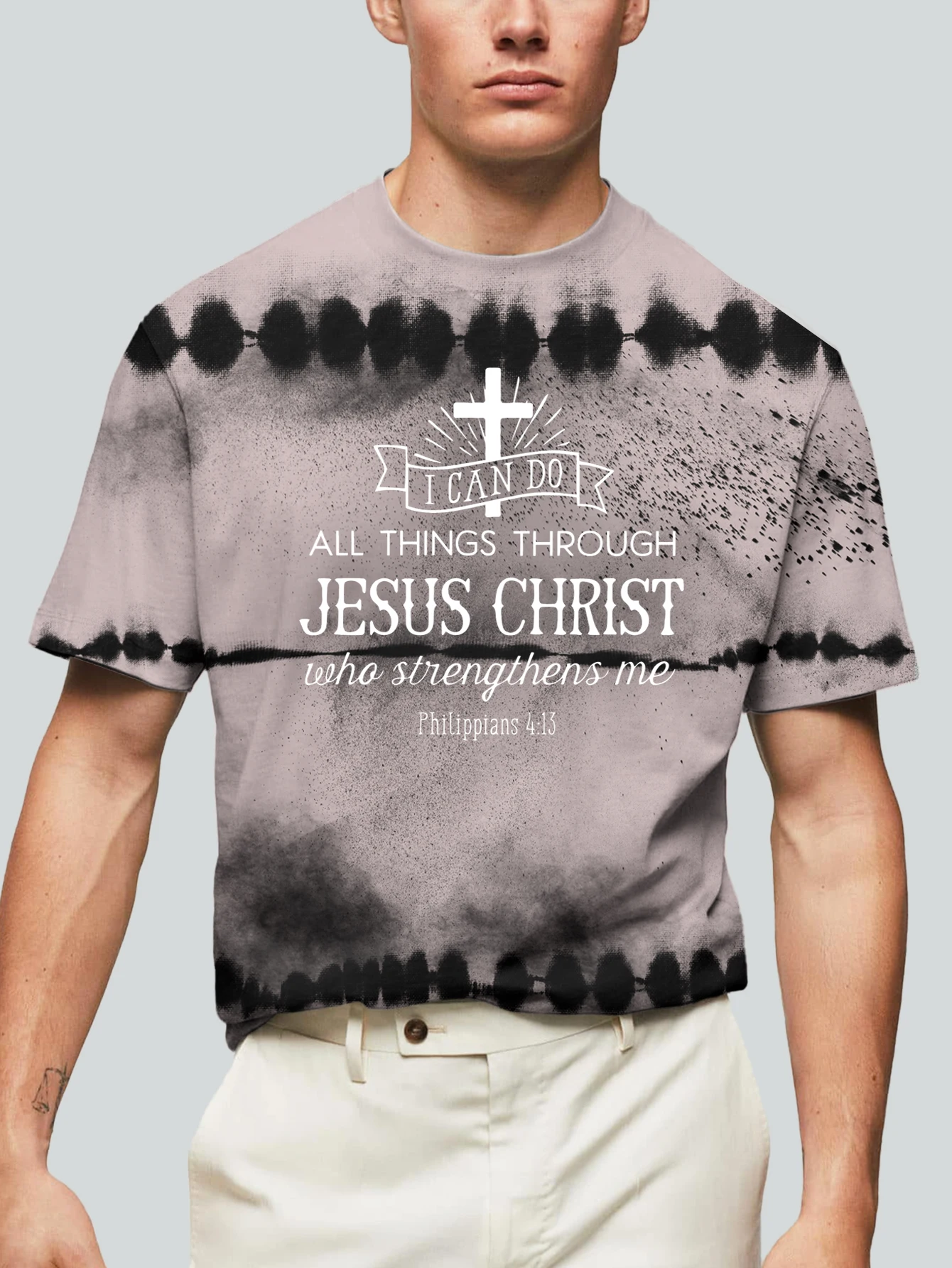 

3D Digital Print Men's T-shirt For Summer Outdoor, Casual Cross Pattern Jesus Letter Print Slightly Stretch Crew Neck Short Slee