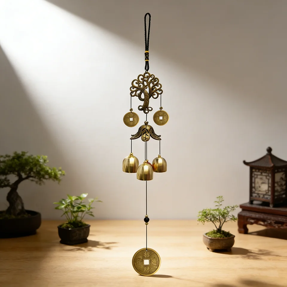 행운의 나무와 동전 디자인의 야외 풍수 풍경 종, 조채진바오(富貴福?) 금빛 황..