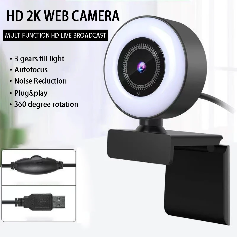 2K Webcam LED Fill Light 1080P Full HD Web Camera With Microphone Live Broadcast For Youtube PC Laptop Video Calling