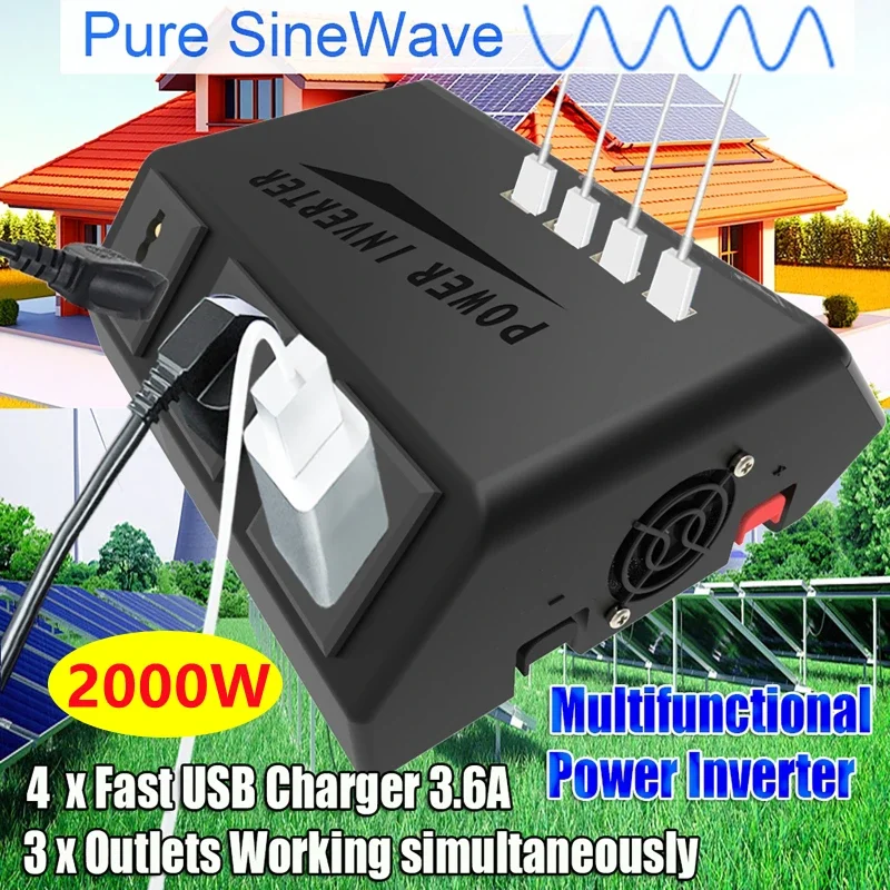 

2000W 12V to 110V /220V Touch Screen LCD Dual Battery Mode USB Universal Plug-in Pure Sine Wave Inverter Solar Power