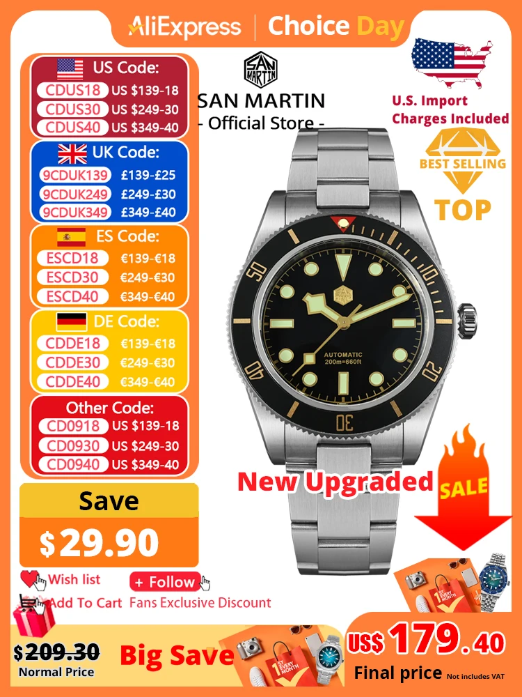 San Martin New 40mm BB58 Retro Luxury Diver Watch NH35 Automatic Mechanical Watches For Men Sapphire Luminous 20Bar Reloj SN0008