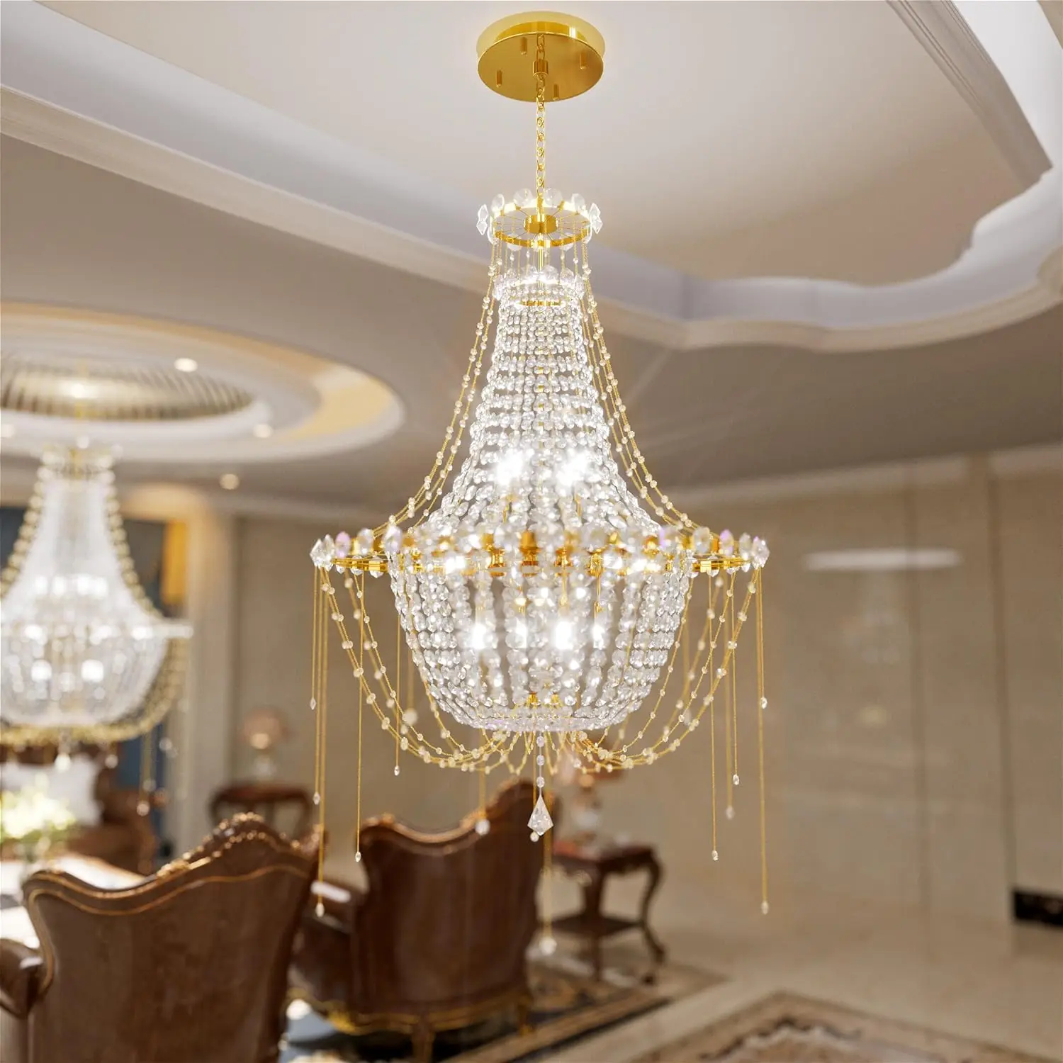 

Gold Finish Empire Crystal Chandelier Lighting for Dining Room Living Room Foyer Hallway Bedroom Entryway,LED Dimmable