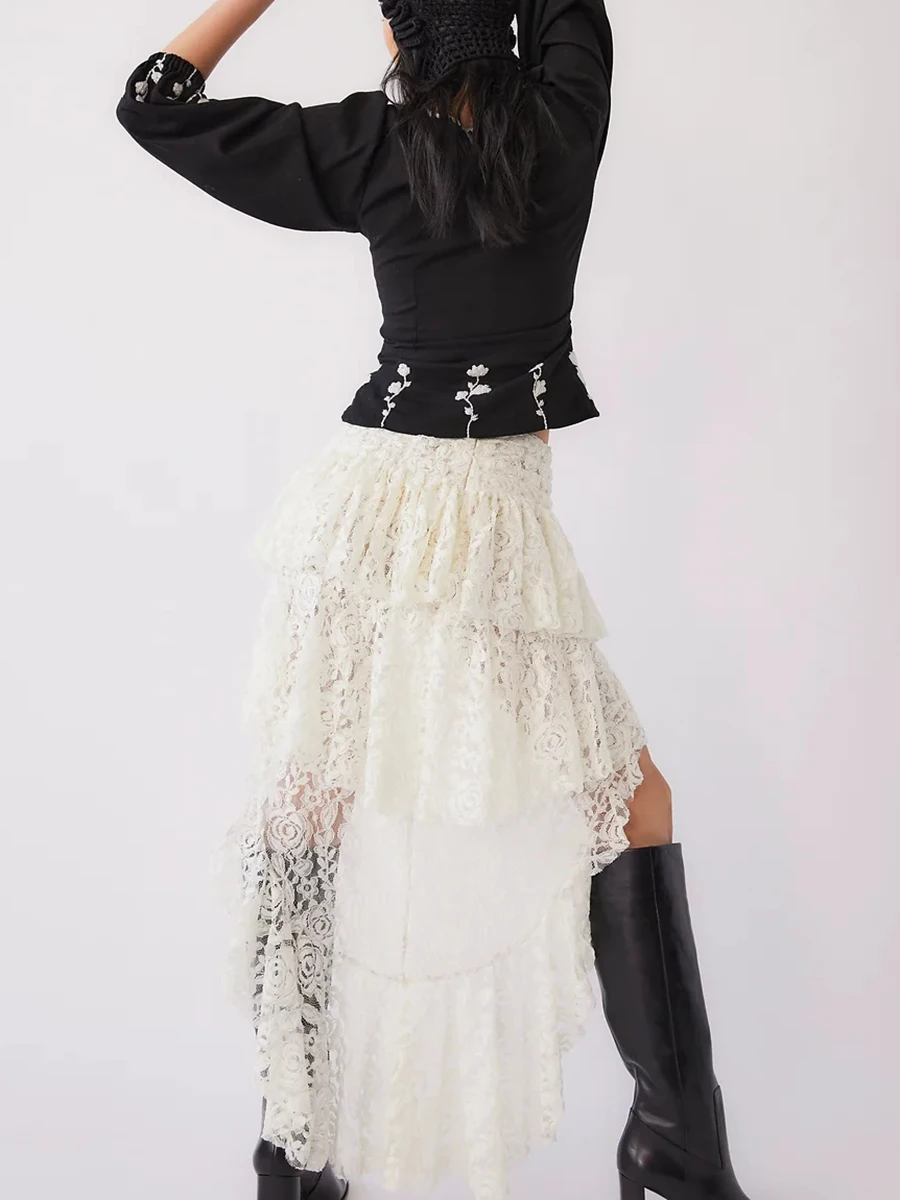 New Fashion Womens Asymetric Long Skirts Flower Lace Ruffles Pleated Skirts Summer Fashion Irregular Casual Skirts Hot Sale