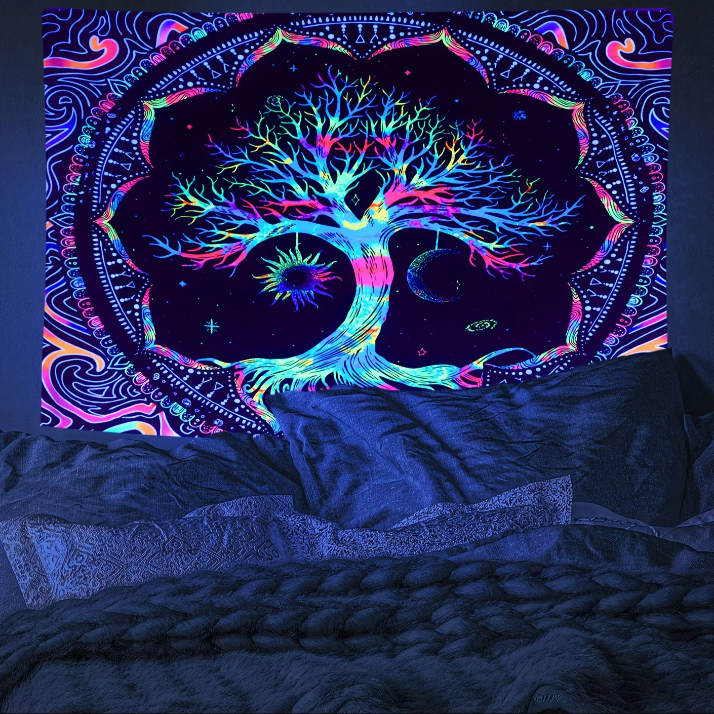 Description Picture 2 of item1Pcs 75x58cm Tree of Life Tapestry BlackLight Sun Moon Stars Galaxy Colorful Hippie Psychedelic Bedroom Dorm Decor Aesthetic