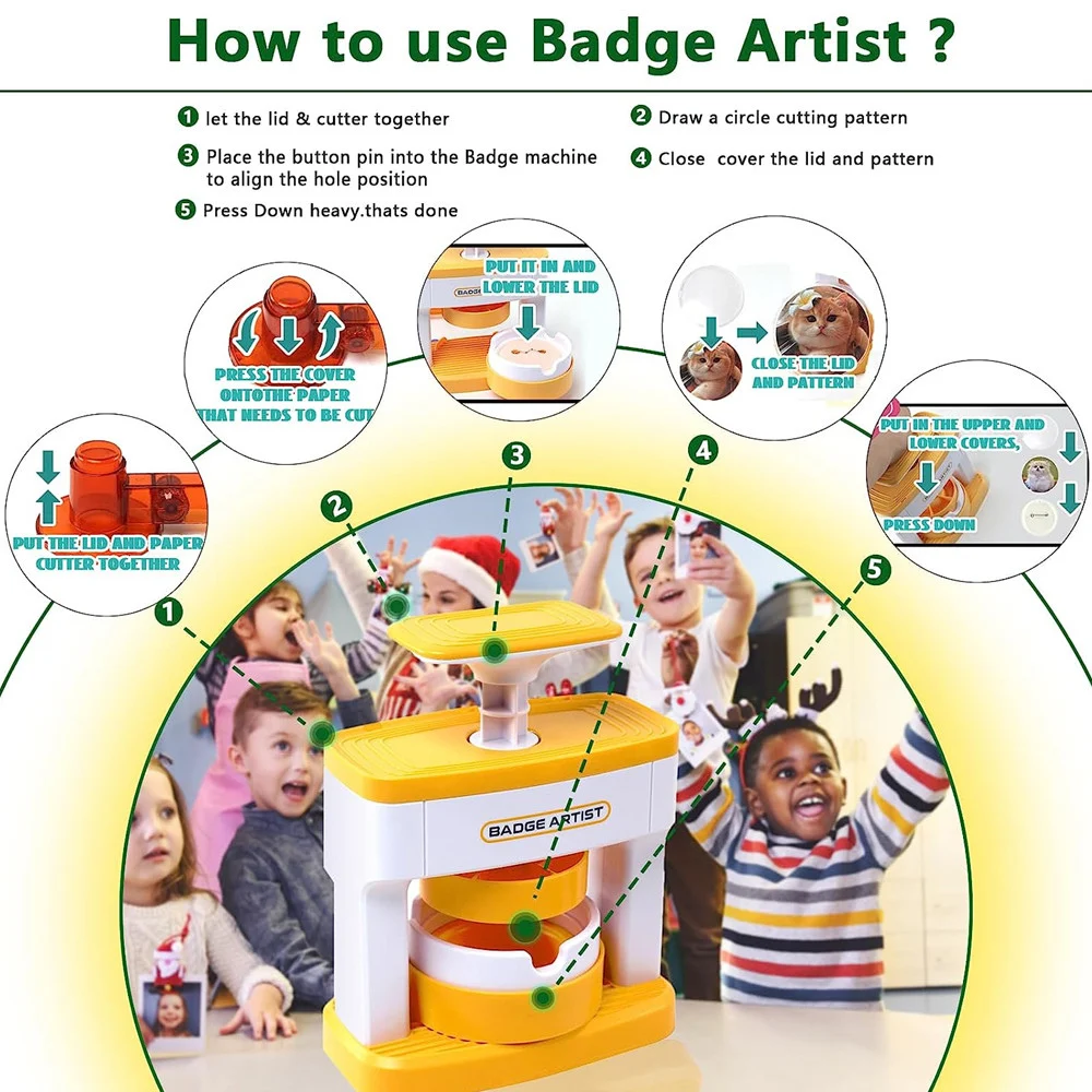 Mini Pin Badge Making Machine, DIY Badge Button Maker Machine with 48Pcs Part+Cute Sticker+Circle Cutter, Pin Button Press