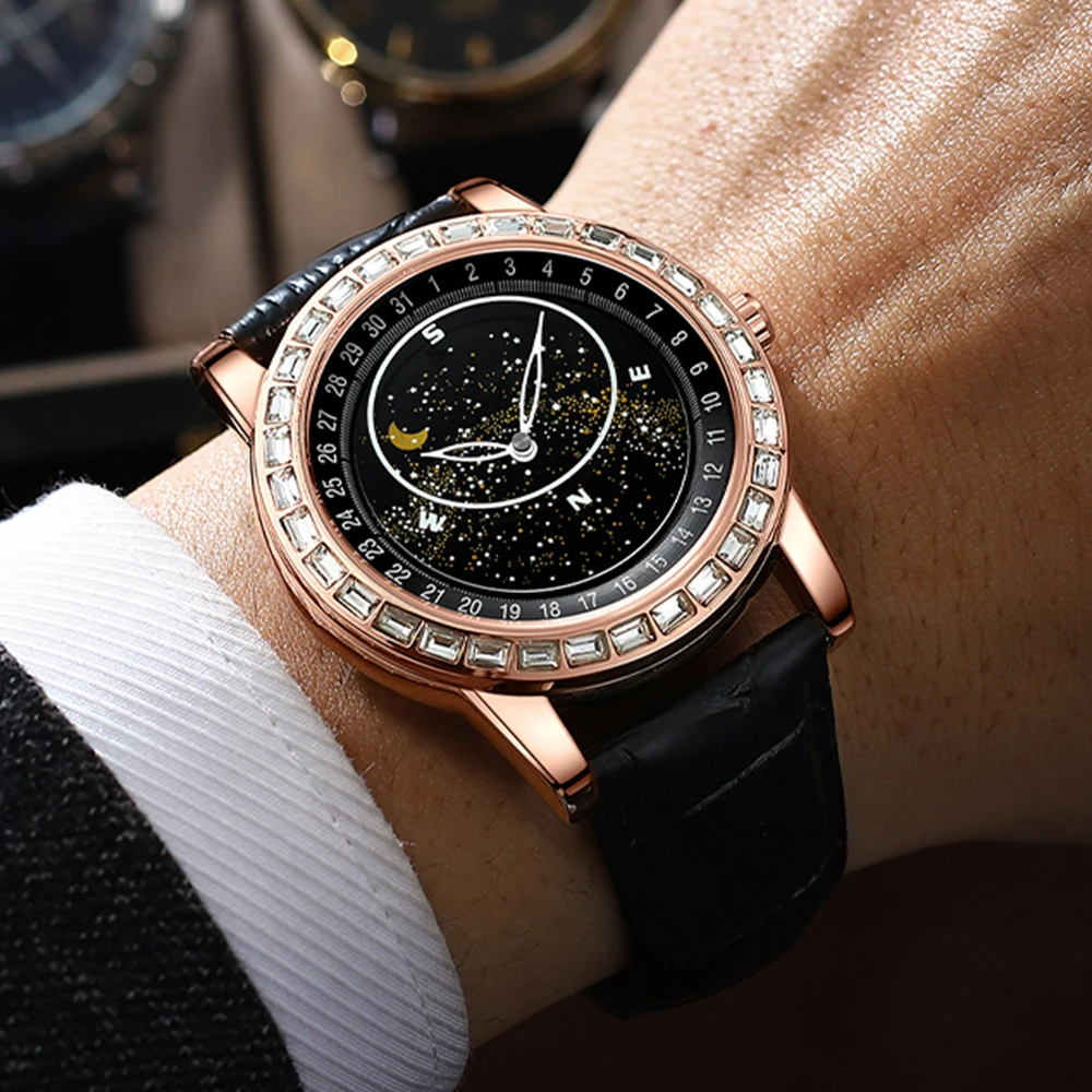 2022 New Mens Watches Luxury With Diamond Design Gypsophila Automatic Mechanical Rotate Luminous Moon Phase AAA Clocks |