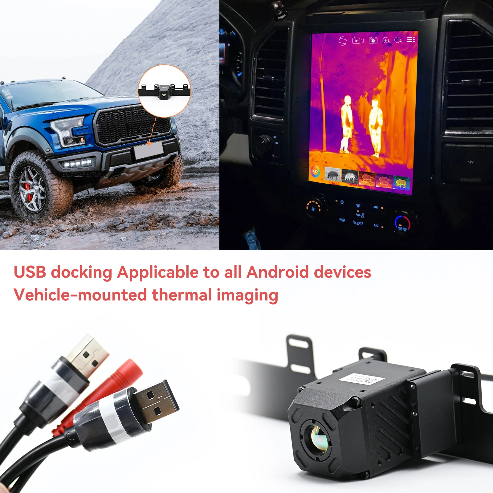 LHODR 차량용 열화상 카메라 384 열화상 렌즈 USB 인터페이스 AI 소프트웨어 탑재 4배율 F150, Dodge RAM, Camaro, Tesla 등에 적합