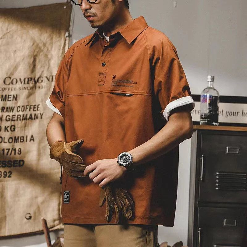 Men'S T-Shirt American Retro Loose Summer Short Sleeves 2022 New Work Shirt Collar Half Sleeve Clothes Printing Man