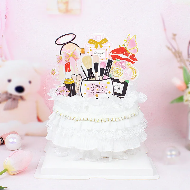 Cake Topper Perfume Lipstick Makeup brush Cake Topper Happy Birthday DIY Cupcake Topper Flags Flower Cake Baking Decor