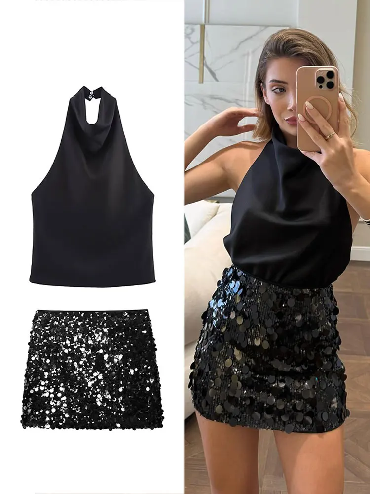 HH Women Elegant Fashion Solid Skirts Sets High Waist Slim Sequins Mini Skirt Off-Shoulder Halter Top High Street Lady Suits