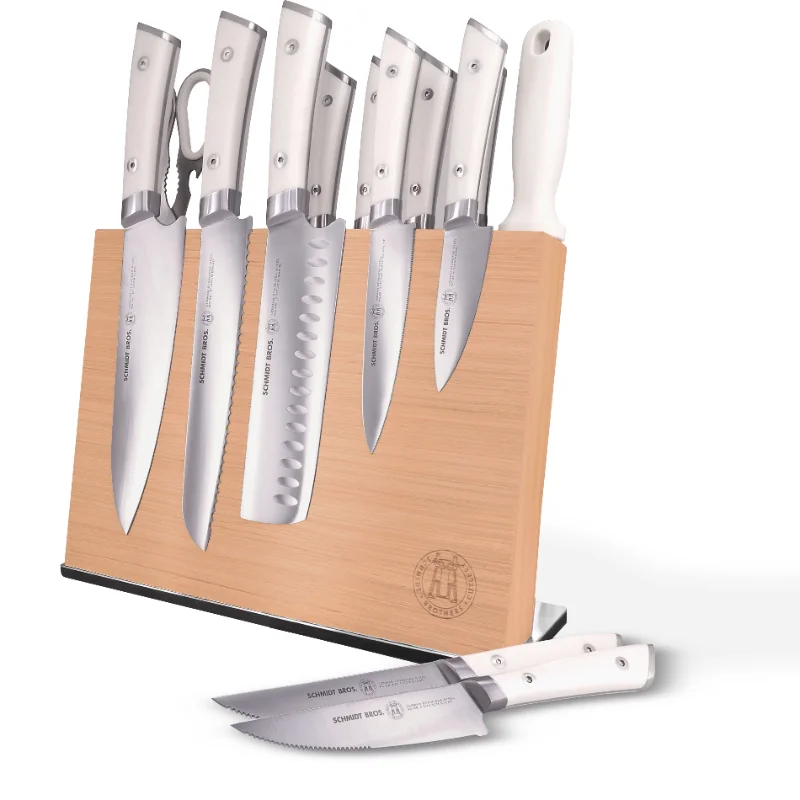 Schmidt Brothers Cutlery 14 Pc Professional Series Forged Stainless Steel Knife  Block Set; White Handles Steel