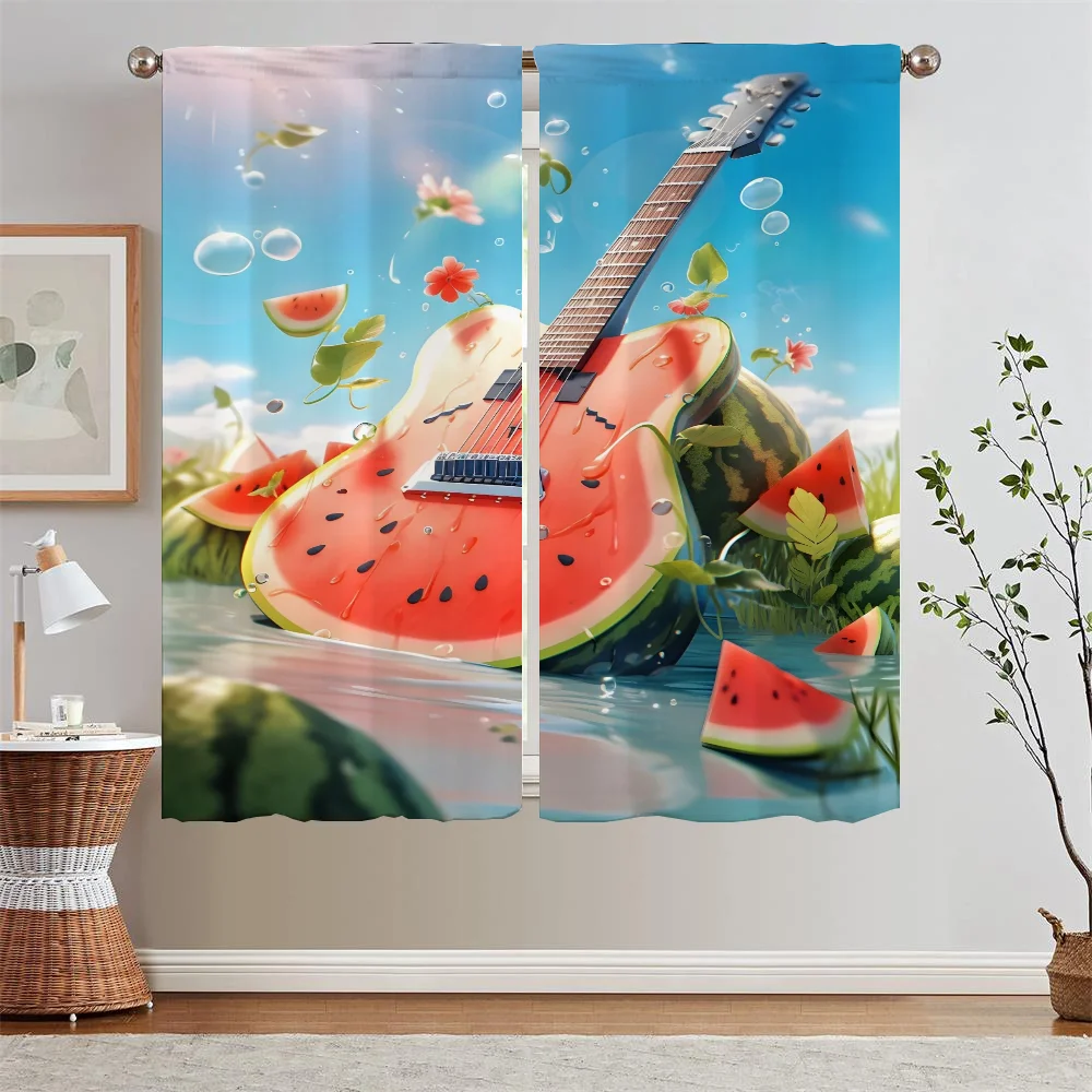 thumbnail image 1 of Cortinas de guitarra de sandía para sala de estar, 2 piezas, envío gratis, cortinas cortas para ventanas, cortinas para el baño y el hogar, 1 of 5