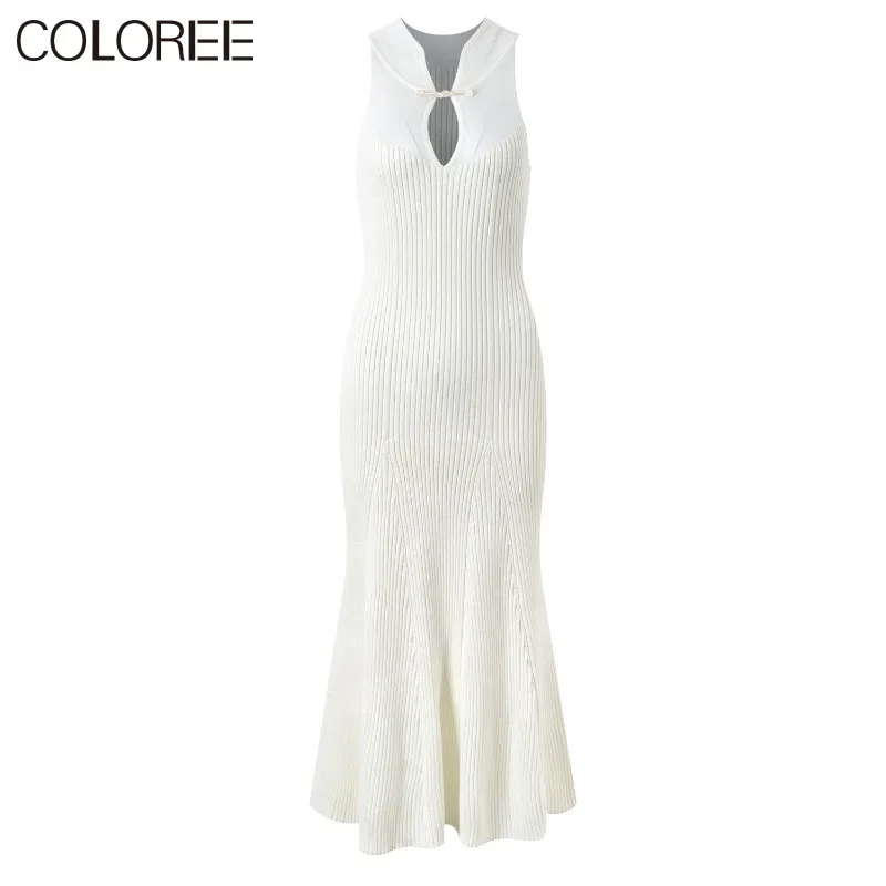 

Autumn New in Knitwears 2023 Elegant Ruffles Sleeveless Midi Knitted Sweater Dresses for Women White Vestido Feminino