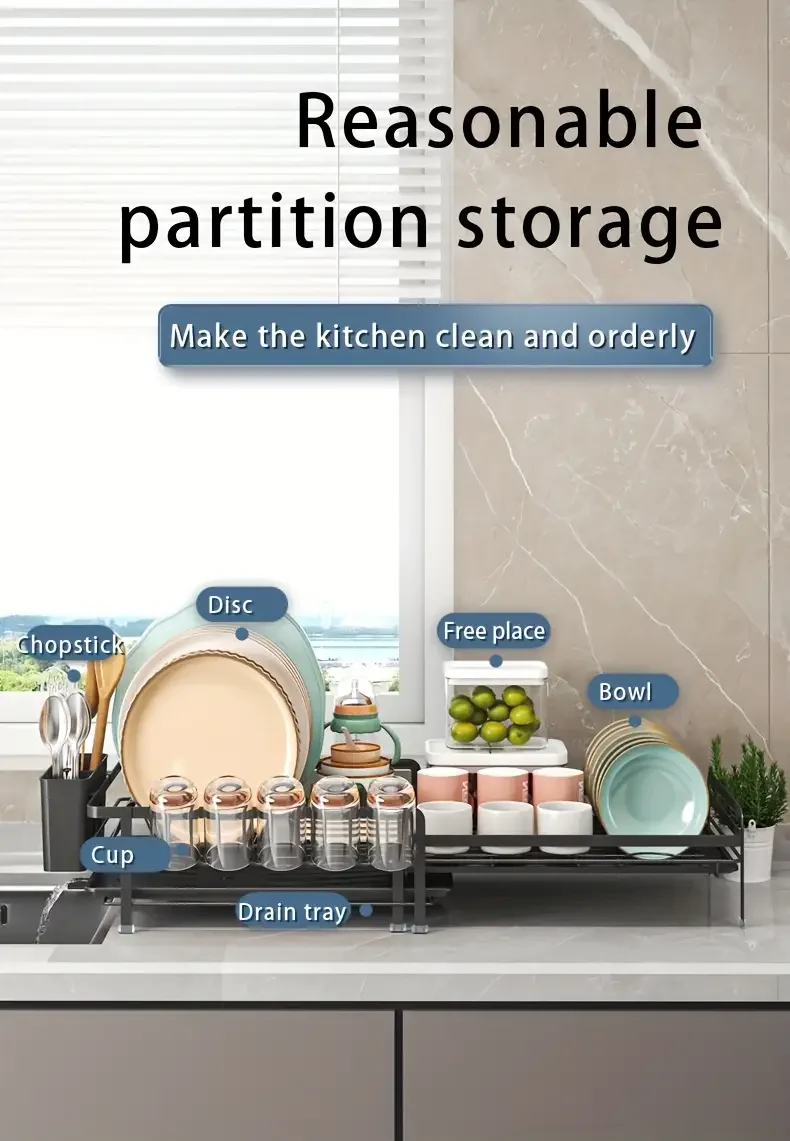 Expandable Dish Rack - Adjustable Kitchen Countertop Organizer with Utensil & Cup Holders