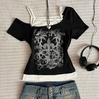 T-Shirt Punk Vintage des années 90 pour femmes, Streetwear d'été, Sexy, manches courtes, gothique, Slim, haut court, Hotgirl, décontracté, Harajuku Y2k 1