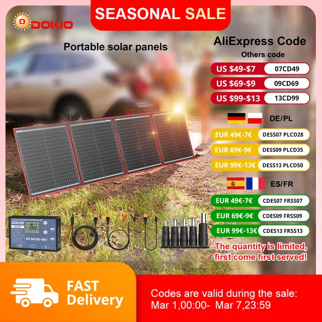Dokio-Panneau solaire 18V portable et flexible, 100/160/200/300W, avec kit de contrôle 12V, pour recharge de batterie de camping 1