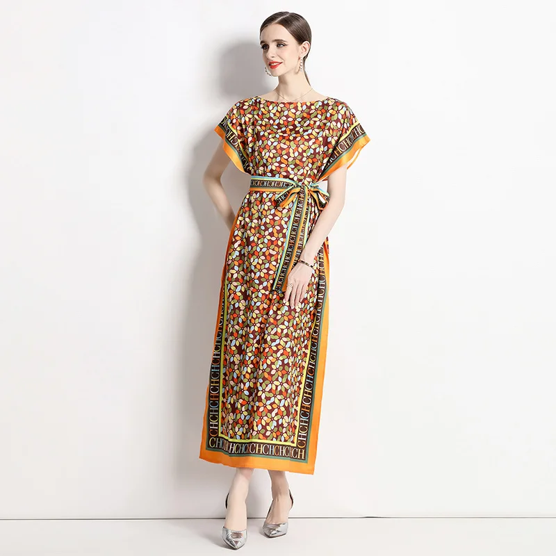 

Flower Print Maxi Dress Women 2023 Summer Batwing Sleeve A Line Loose Big Size Casual Long Vestidos 3XL 4XL 5XL