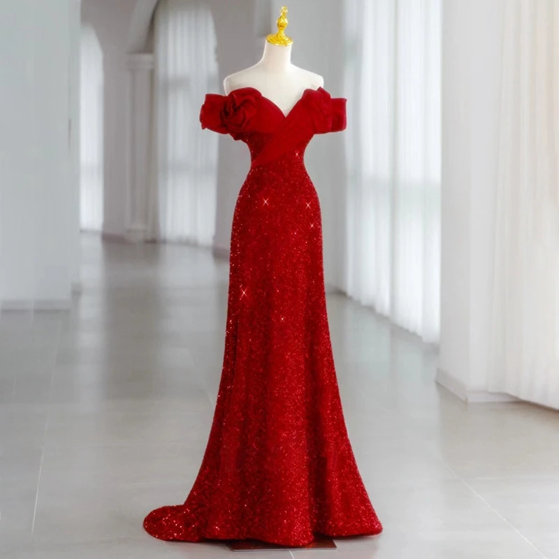 

Ashely Alsa Red Sequined Evening Dresses V Neck Mermaid Long Women Special Occasion Party Gown Bridesmaid Junior Maid Of Honor