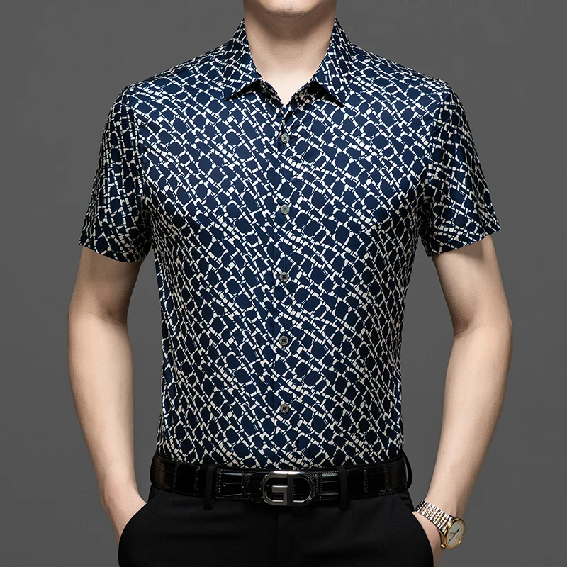 High Quality Men's Silk Tops Summer Fashion Stripes Smooth Satin Silk Shirts Short Sleeve Soft Mulberry Dress