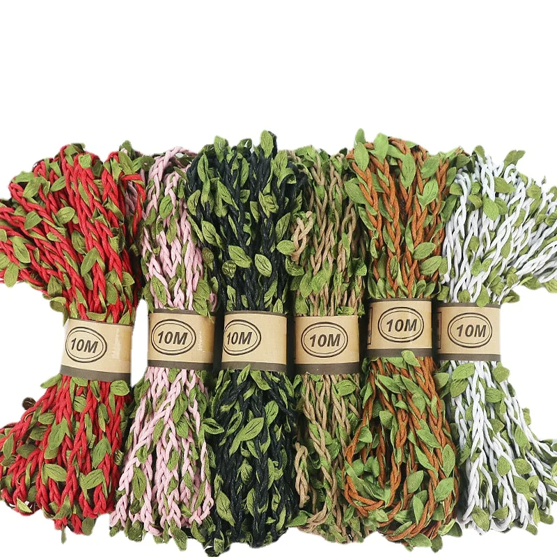 Natural Jute Twine 5Meter/lot 5MM Burlap Leaf Ribbon with Artificial Vine Green Leaves DIY Craft Vintage for Wedding Party Decor jute rope