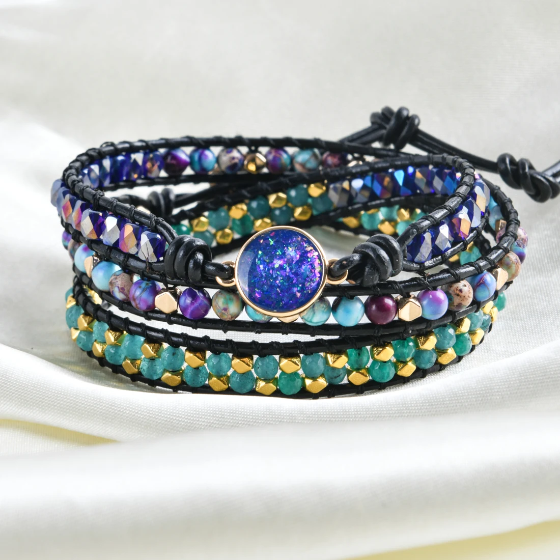 

Women Leather Wrap Bracelet Imperial Jasper Agate Beads Hematite 3 Strands Bracelet Boho Jewelry Wholesale Dropshipping
