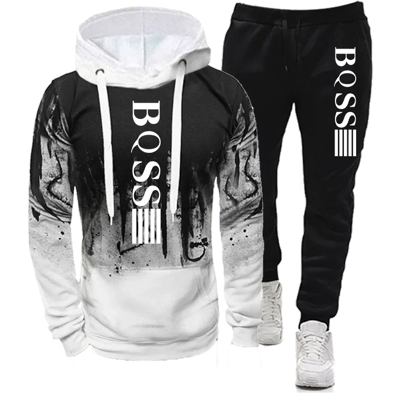 

Men's pullover and trousers two sets of ink-jet printing new spring and autumn fashion fitness casual sportswear set
