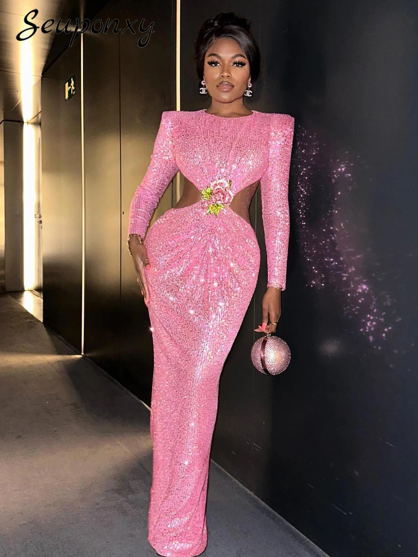 

High quality 2023 Autumn Winter Red Sexy Hollow Long Sleeve O-Neck Sequins Flower Dress Christmas Women's Party Dress Vestidos