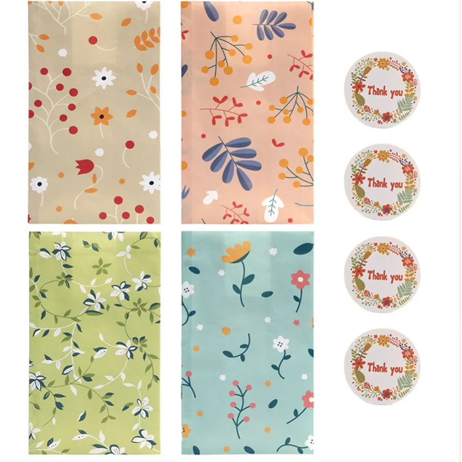 Gift Paper Bags 12/24PCS Plant Pattern for Candy Cookie Bakery Kraft Paper Packaging Bags with Stickers