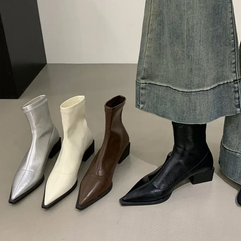 Pointed Toe Women Slim Ankle Boots Fashion Square Low Heel