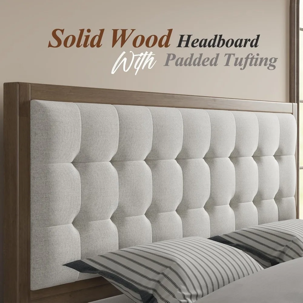 Wood Platform Bed Frame Queen Size Upholstered Tufted Headboard/Solid Wood Beds No Box Spring Needed, Bed Frame Queen 4
