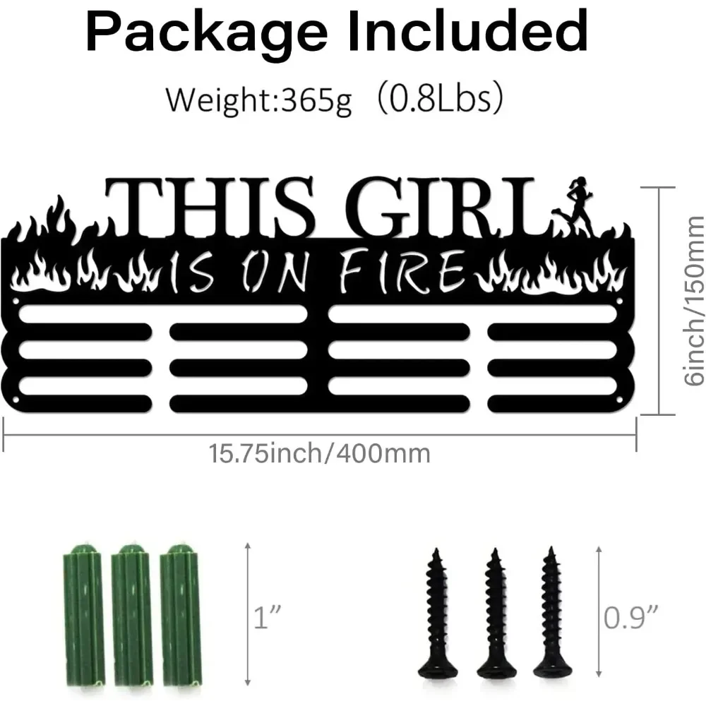 Running Medal Holder Display Hanger Rack This Girl is ON FIRE Sports Medals Motivational Saying Iron Wall Mounted Hooks for 60+