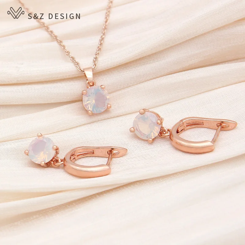 S&Z DESIGN New Fashion Round Crystal Drop Earrings Jewelry Sets For Women Wedding 585 Rose Gold Color Pendant Necklace Gift