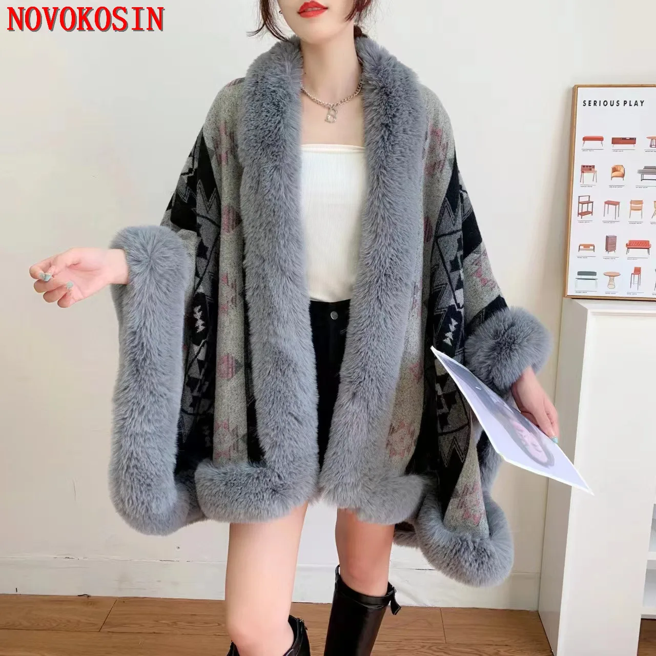 

2022 Winter Batwing Sleeves Outer Wear Long Faux Fur Loose Cape Women Printed Knitted Poncho Cloak Thicken Warm Streetwear Coat