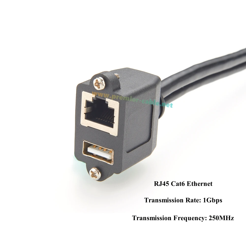 Dual USB 2.0 RJ45 Cat5e Ethernet Combo Extension Cable RJ45 8P8C USB Type-A Male to Female Screw Panel Chassis Feedthrough Cable
