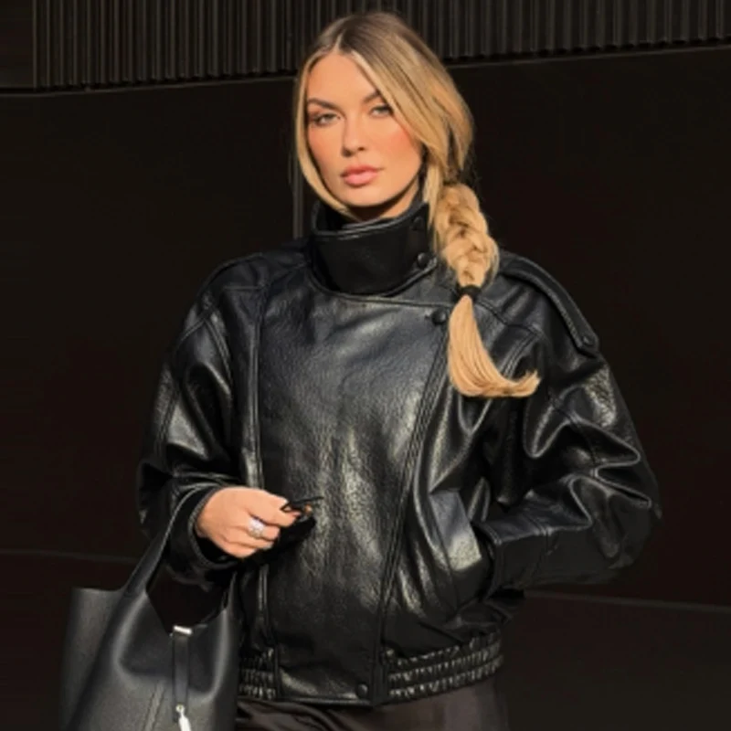 HXAO New Arrival Women's Bomber Jacket Leather Black