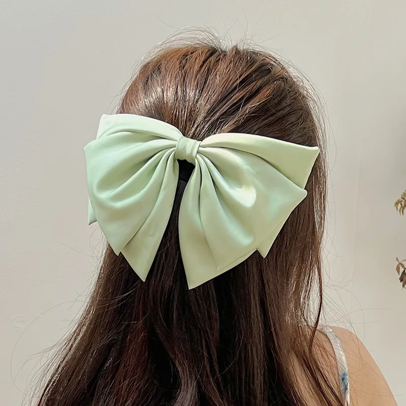 French Retro Women Green Big Bow Hair Clip Sweet Color Satin Spring Clip Hair Clip Headwear Hair Accessories Jewelry Gift