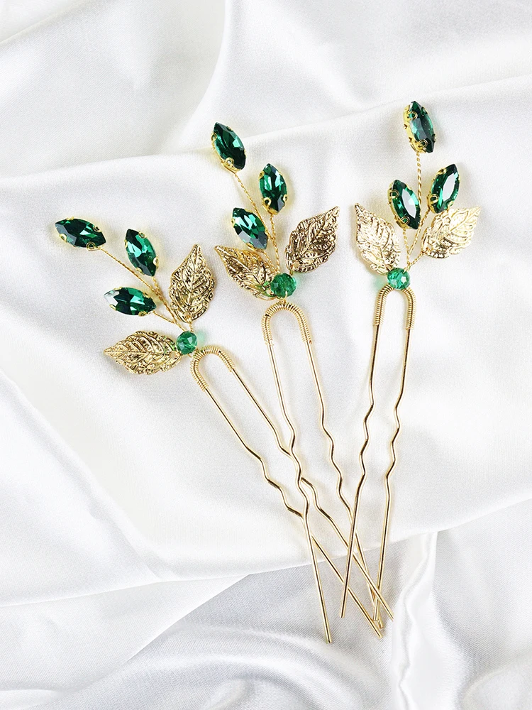 Green rhinestones 3 wedding hairpins gold leaves bridal hair clips prom party women hair accessories festival jewelry